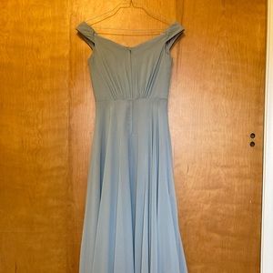 David’s Bridal Off the Shoulder Full Skirt Bridesmaid Dress in Dusty Blue